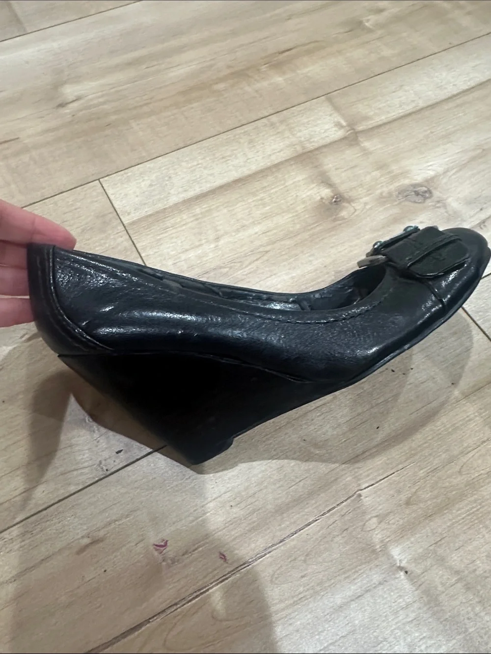 Nine West Black Leather Wedge Pumps with Silver Buckle